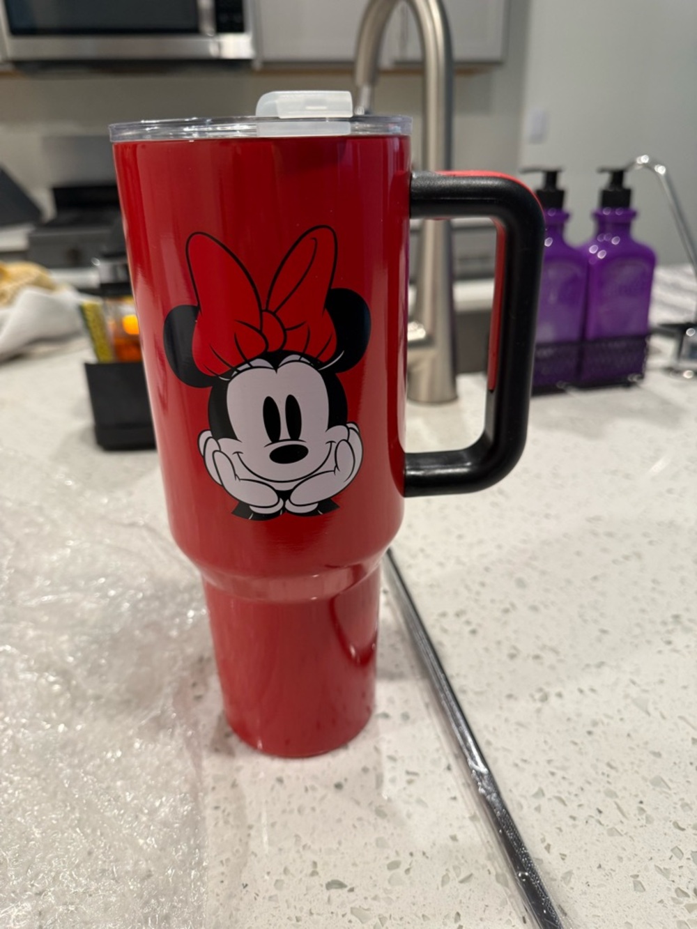 New Disney Red Travel Mug with Black Handle and Clear Lid Accent